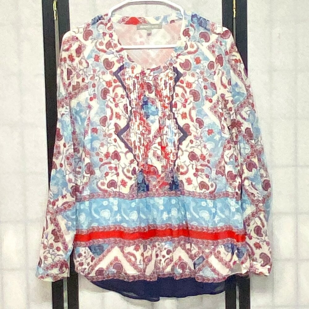Daniel Rainn M Sheer Paisley Babydoll Top Pleated Lined Half Button Long Sleeve